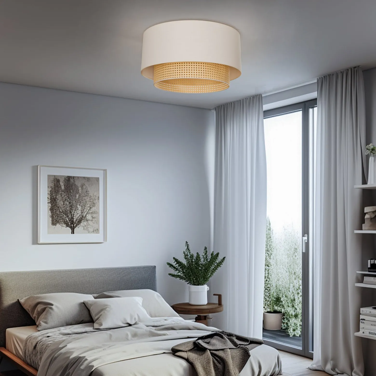 Deckenleuchte Boho, creme/holz, Ø 60 cm, Textil/Rattan