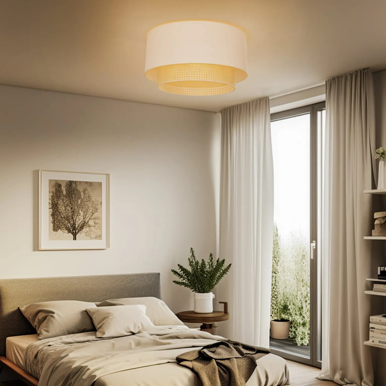 Deckenleuchte Boho, creme/holz, Ø 60 cm, Textil/Rattan
