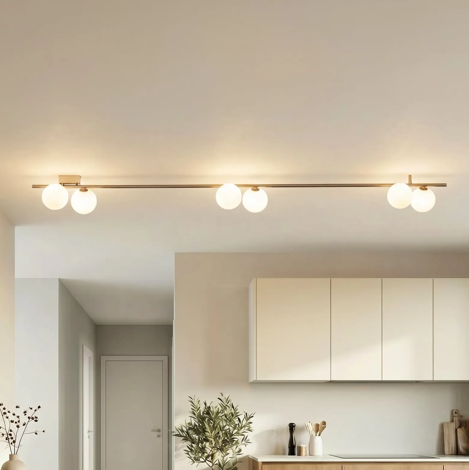Deckenleuchte Imelo, braun, 6-flammig, Glas, Länge 200 cm