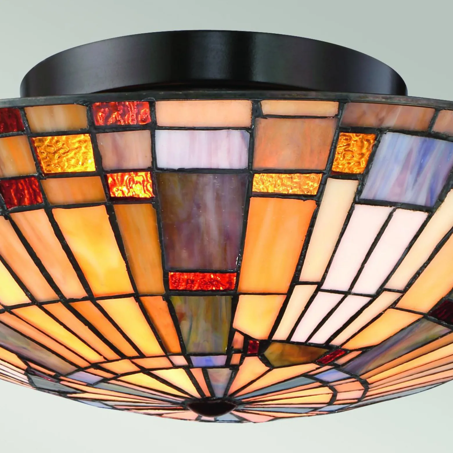 Deckenleuchte Inglenook, Tiffany-Stil, Stahl, Glas, bunt