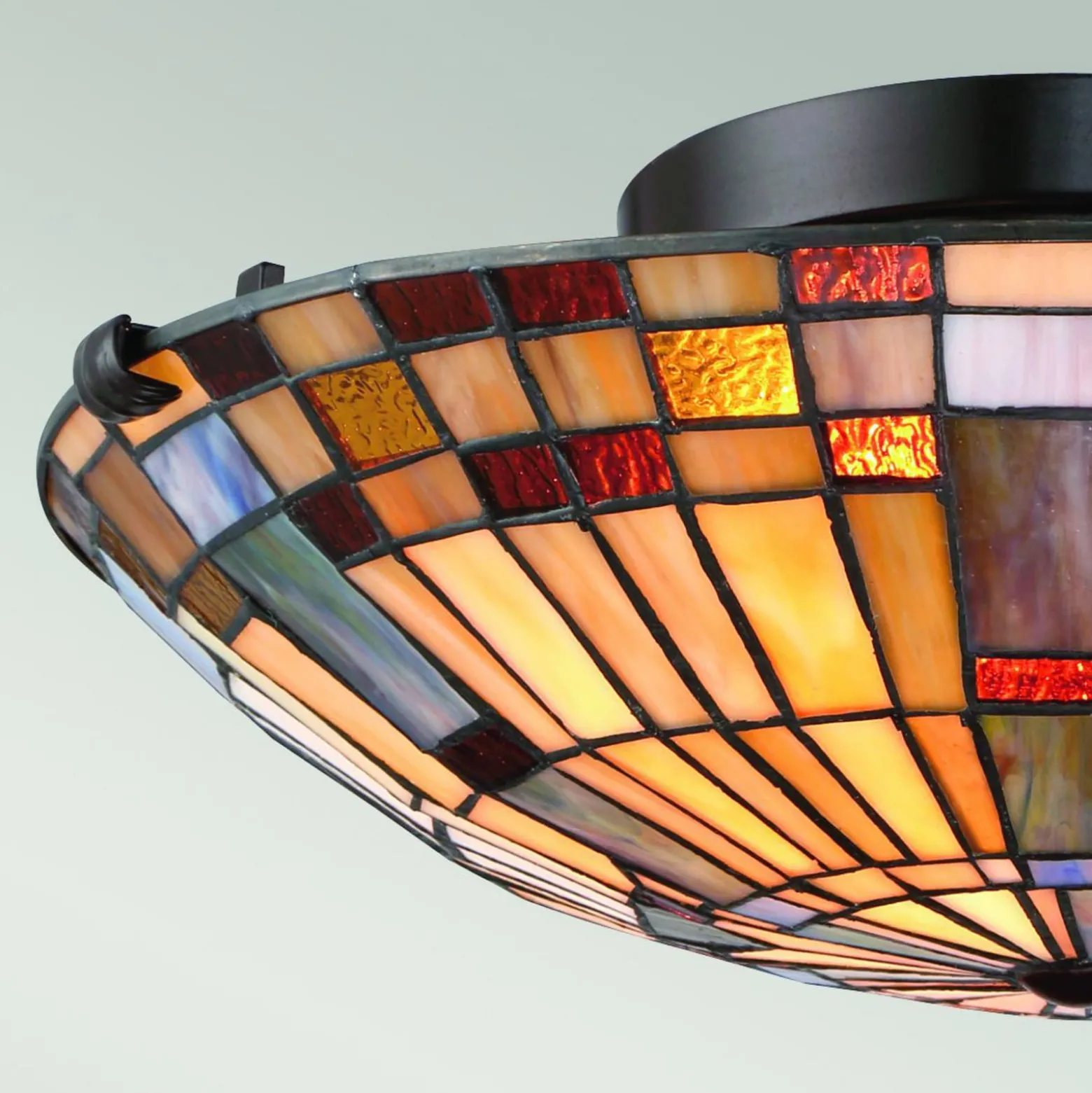 Deckenleuchte Inglenook, Tiffany-Stil, Stahl, Glas, bunt