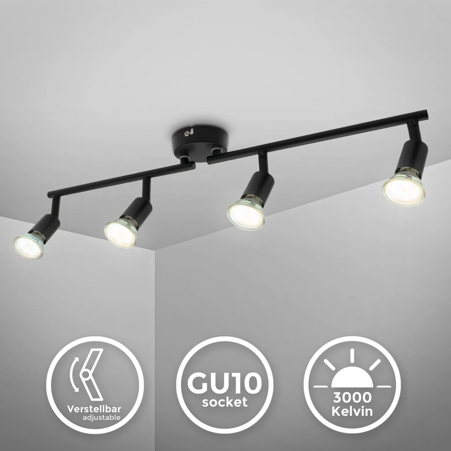 Deckenleuchte Jade, schwarz, 4-flammig, GU10 LED, 3.000 K