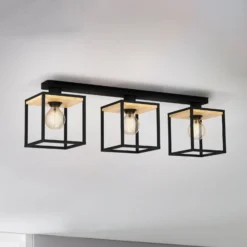 Deckenleuchte Libertad, Länge 86 cm, schwarz/holz 3-flg.