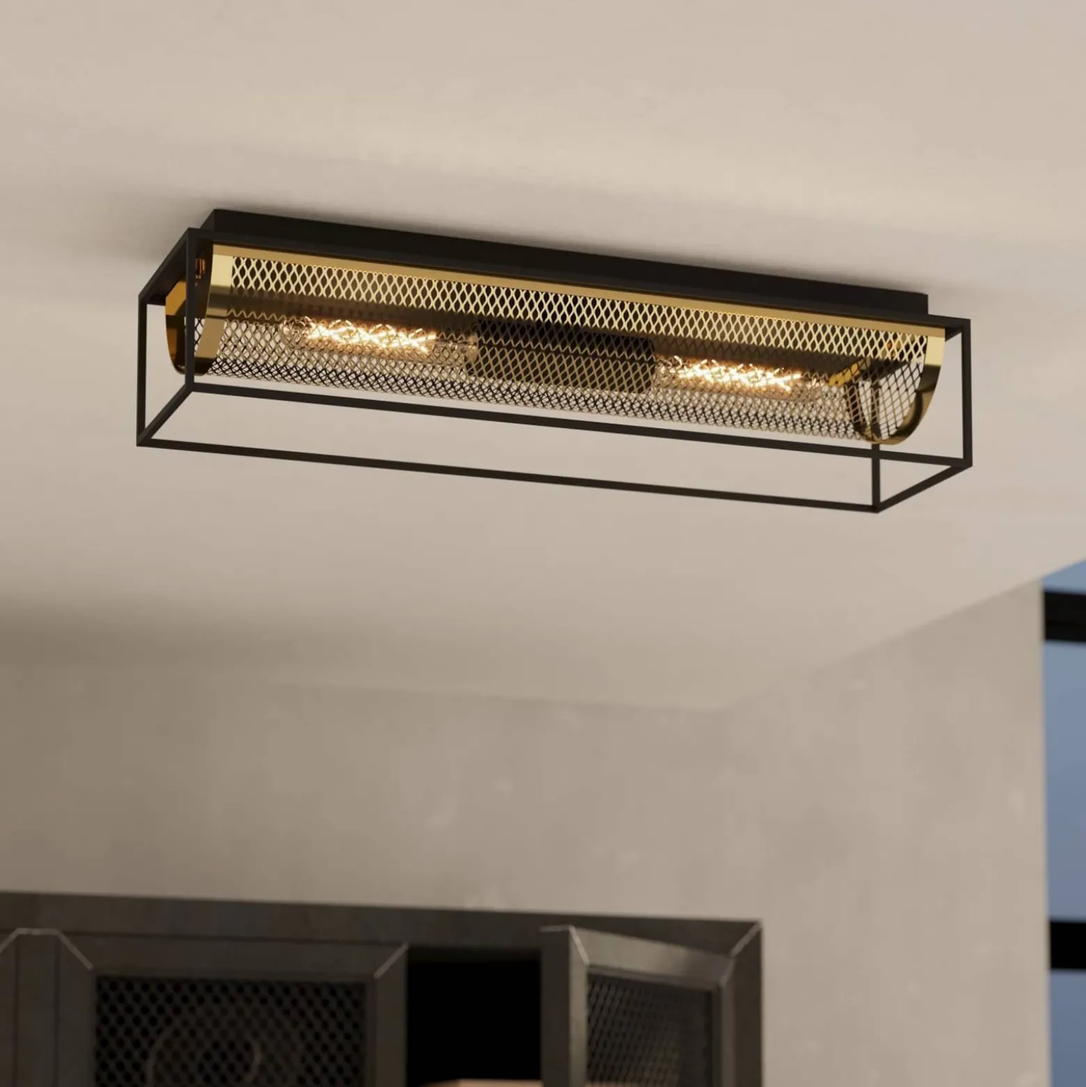 Deckenleuchte Nohales, Länge 64 cm, schwarz/messing, 2-flg.