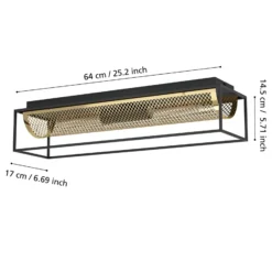 Deckenleuchte Nohales, Länge 64 cm, schwarz/messing, 2-flg.
