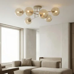 Deckenleuchte ROMA, beige, Ø 75 cm, 6-flg., Glas/Metall, E14