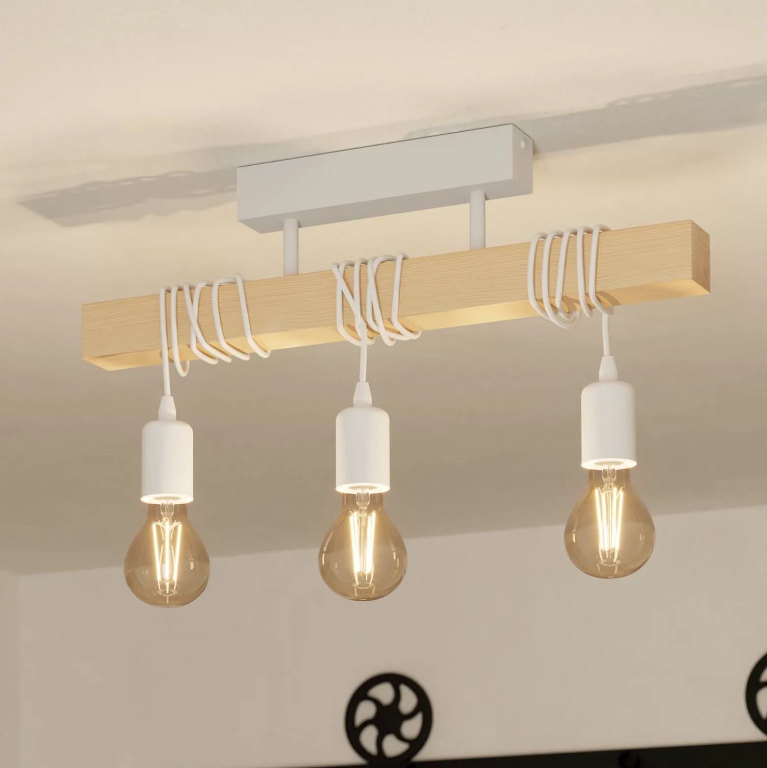 Deckenleuchte Townshend, Länge 55 cm, weiß/eiche, 3-flg.