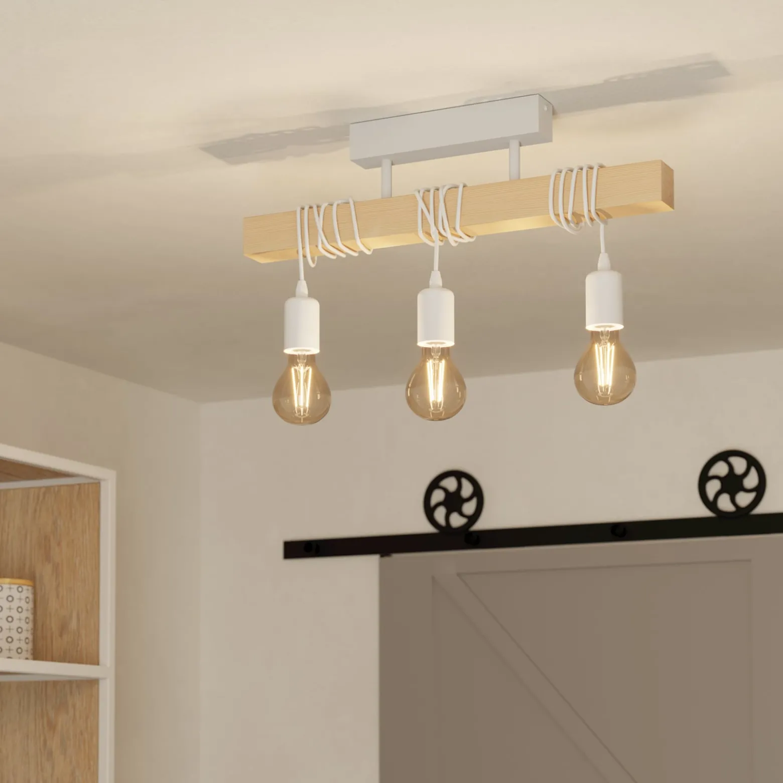 Deckenleuchte Townshend, Länge 55 cm, weiß/eiche, 3-flg.