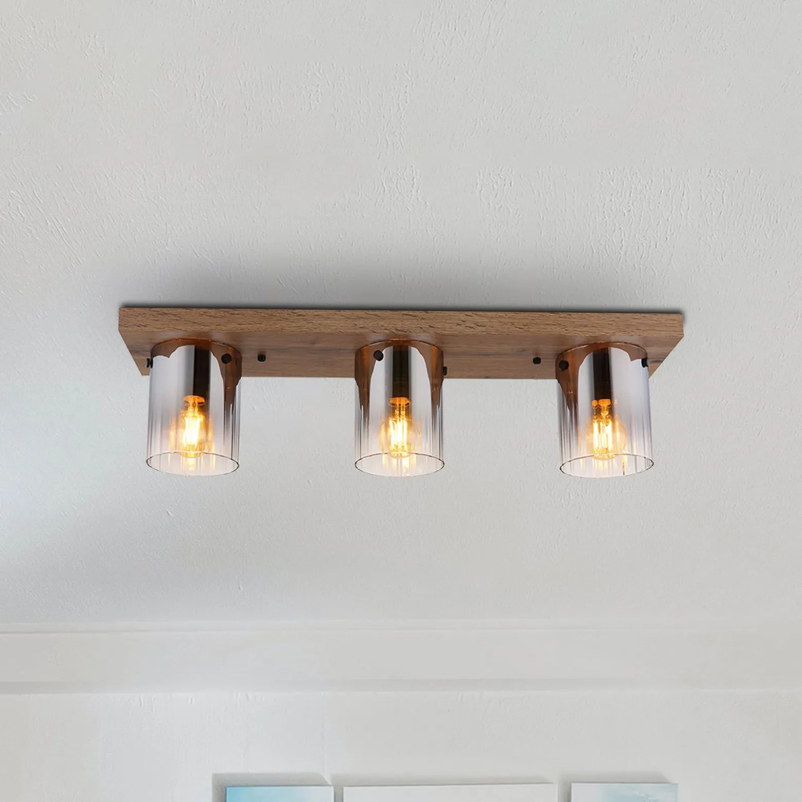 Deckenleuchte Underwood, Länge 71 cm, braun/rauchgrau, MDF