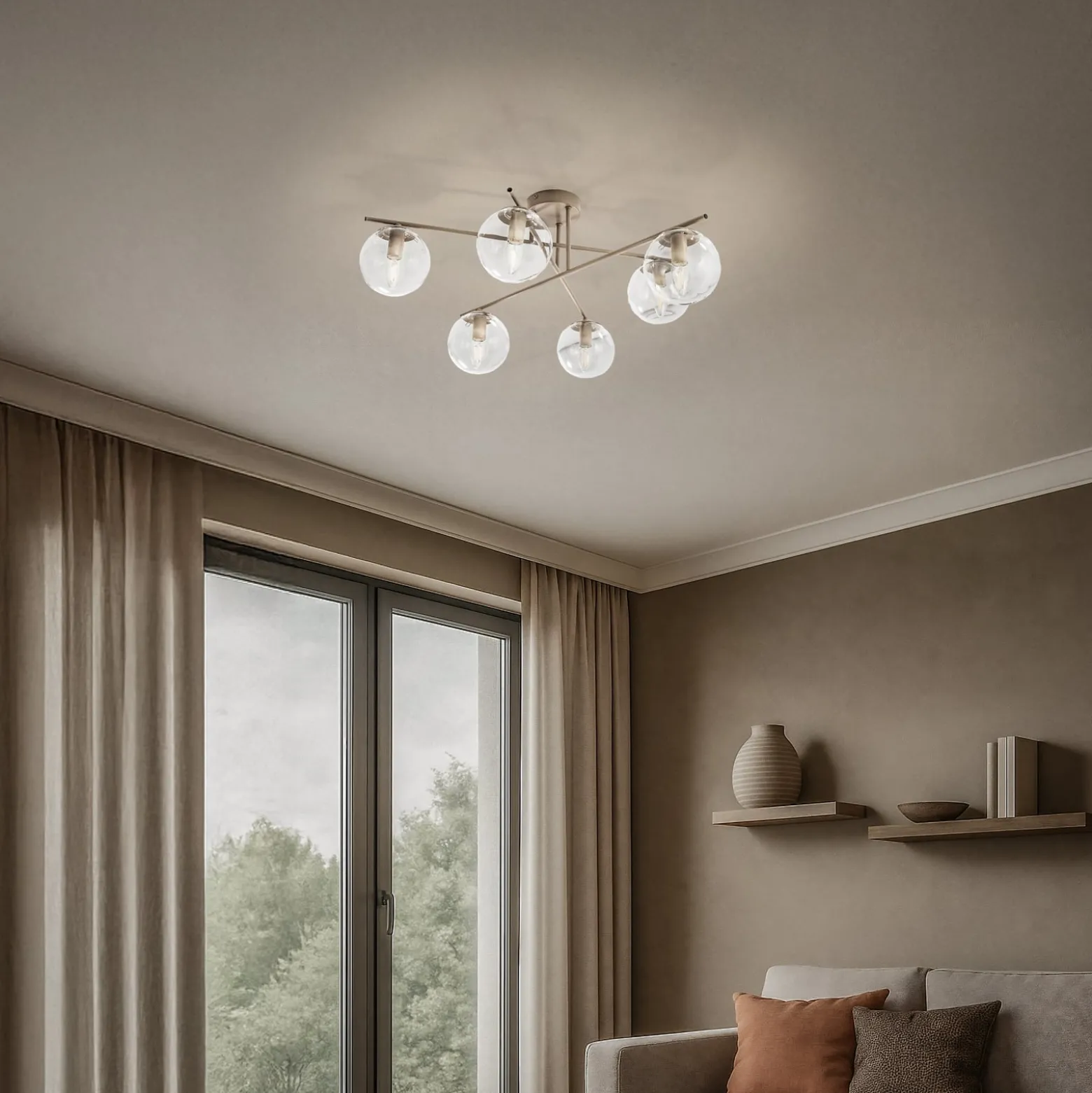 Deckenleuchte Zoe, beige, Länge 72 cm, 6-flammig, Glas, E14