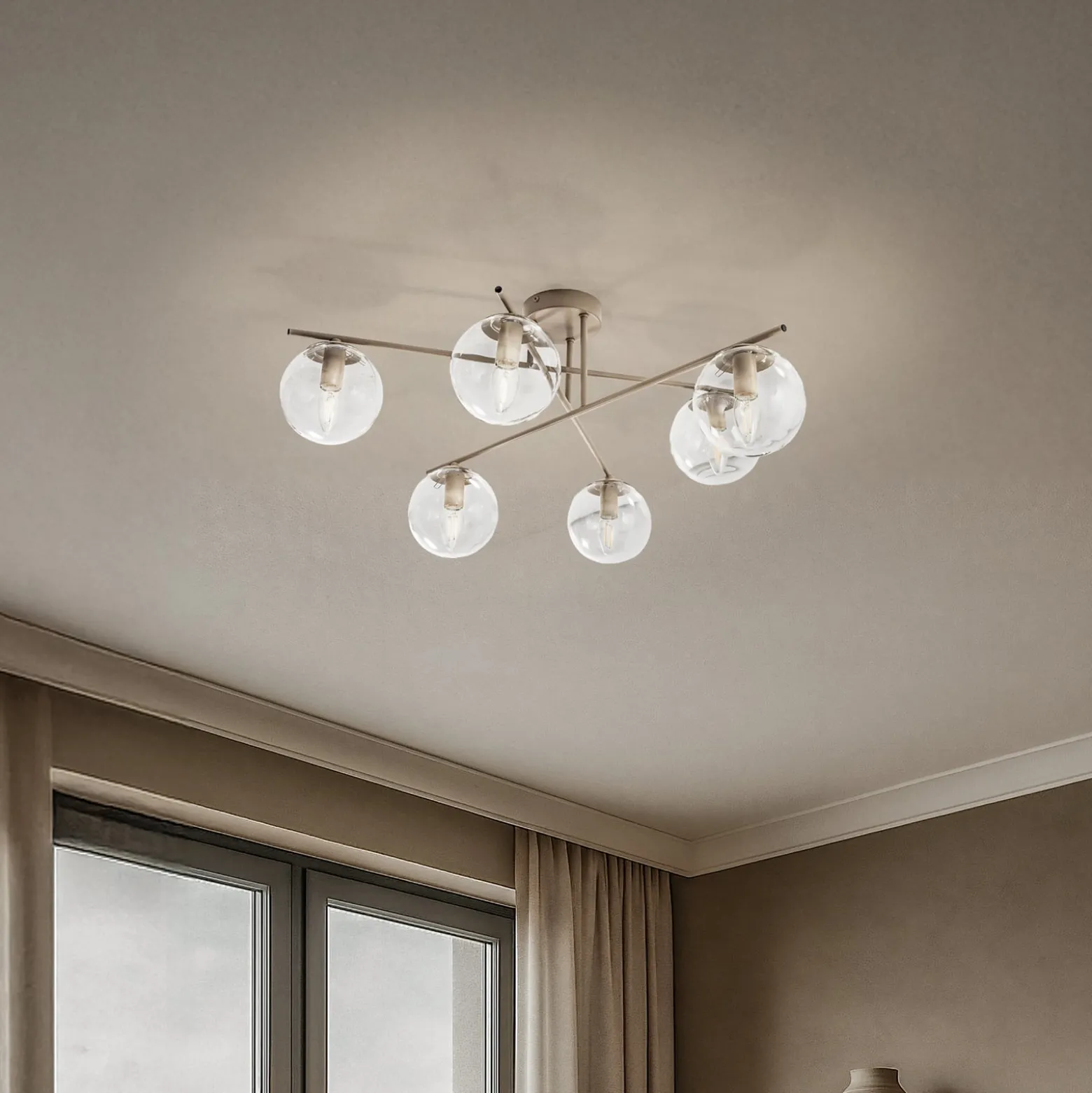 Deckenleuchte Zoe, beige, Länge 72 cm, 6-flammig, Glas, E14