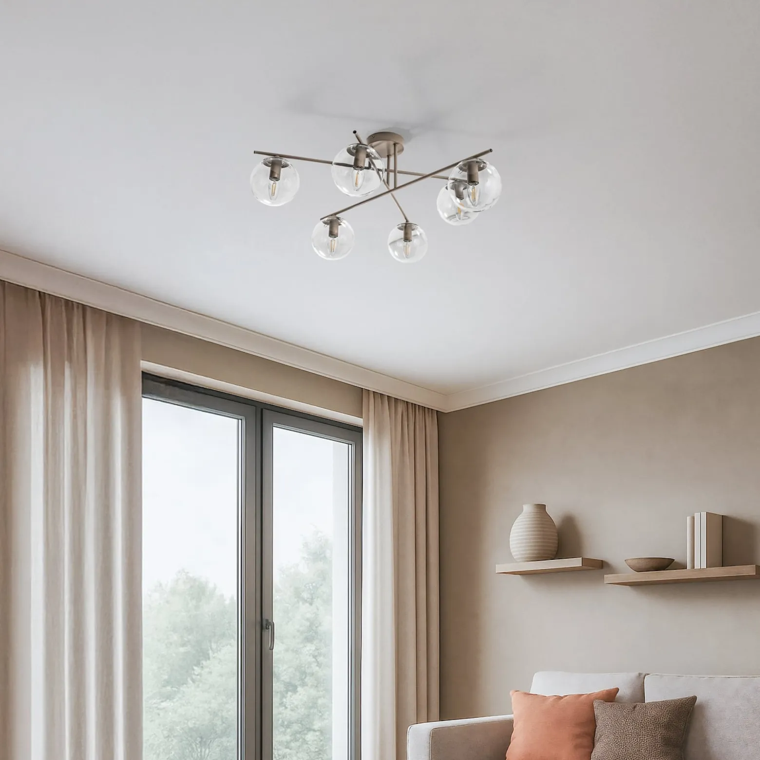 Deckenleuchte Zoe, beige, Länge 72 cm, 6-flammig, Glas, E14