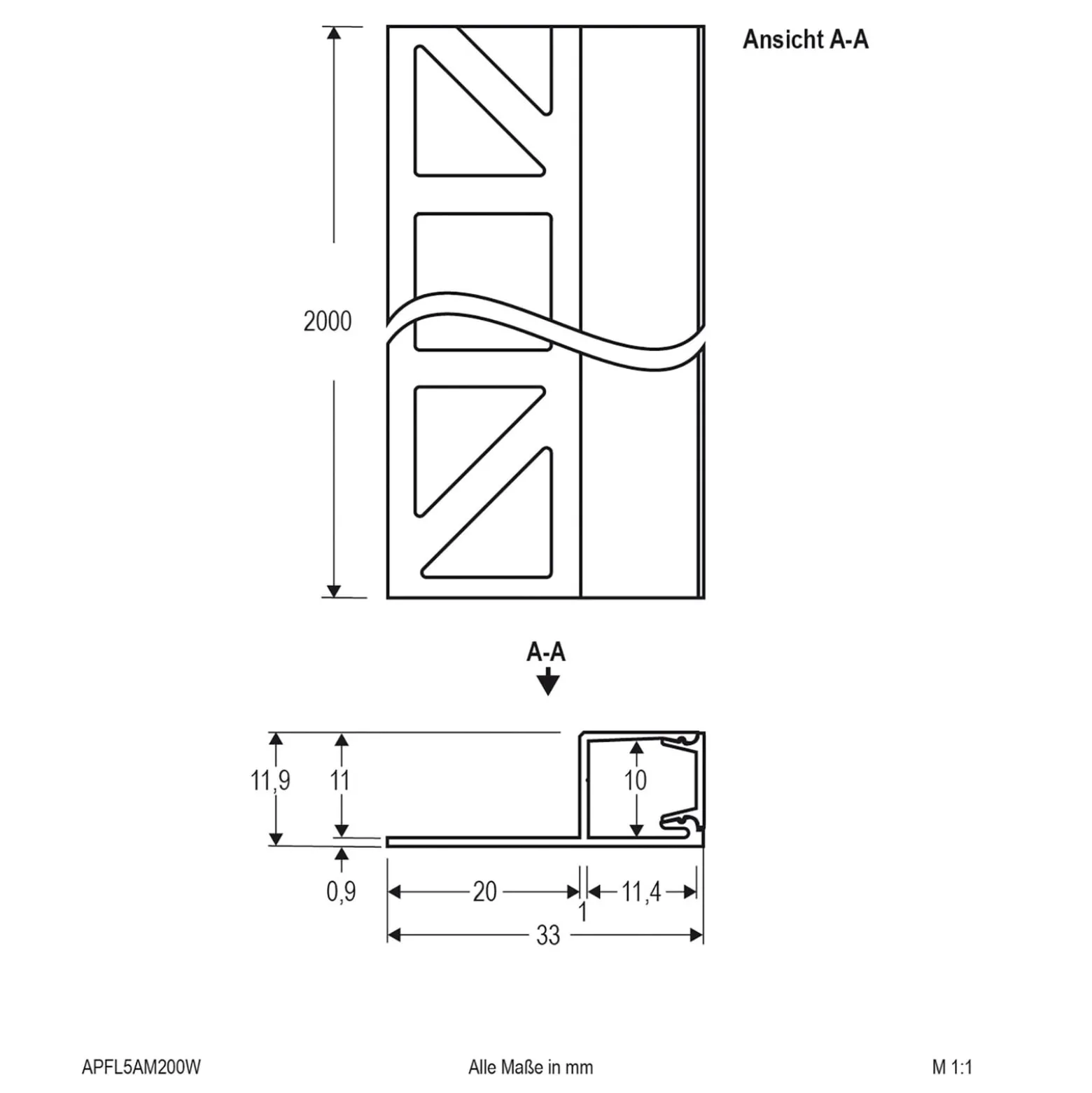 EVN APFL5 Fliesenprofil seitlich 200cmx3,3cm weiß