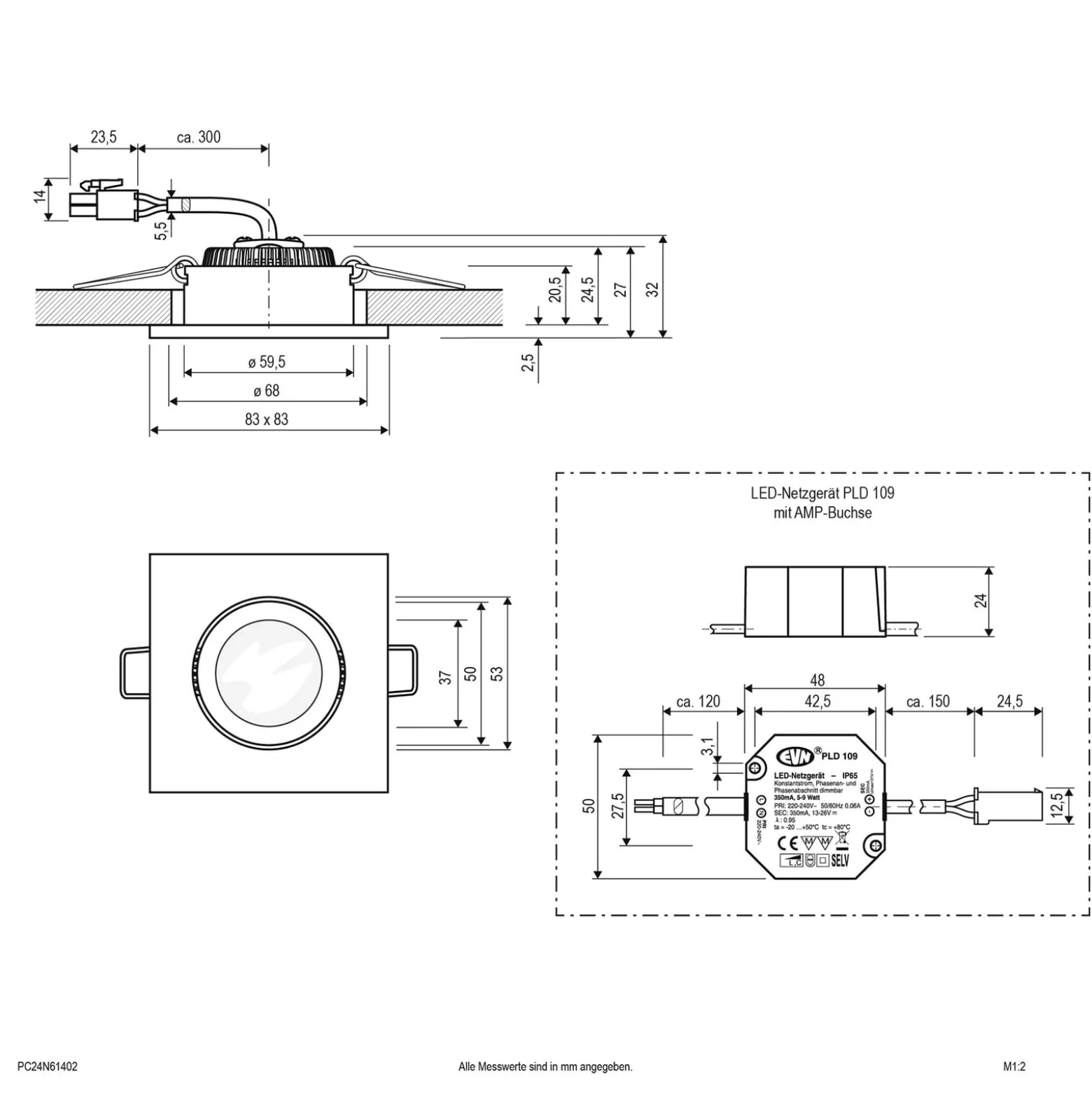 EVN PC20 Einbau eckig Phasendimmer 3000K aluminium