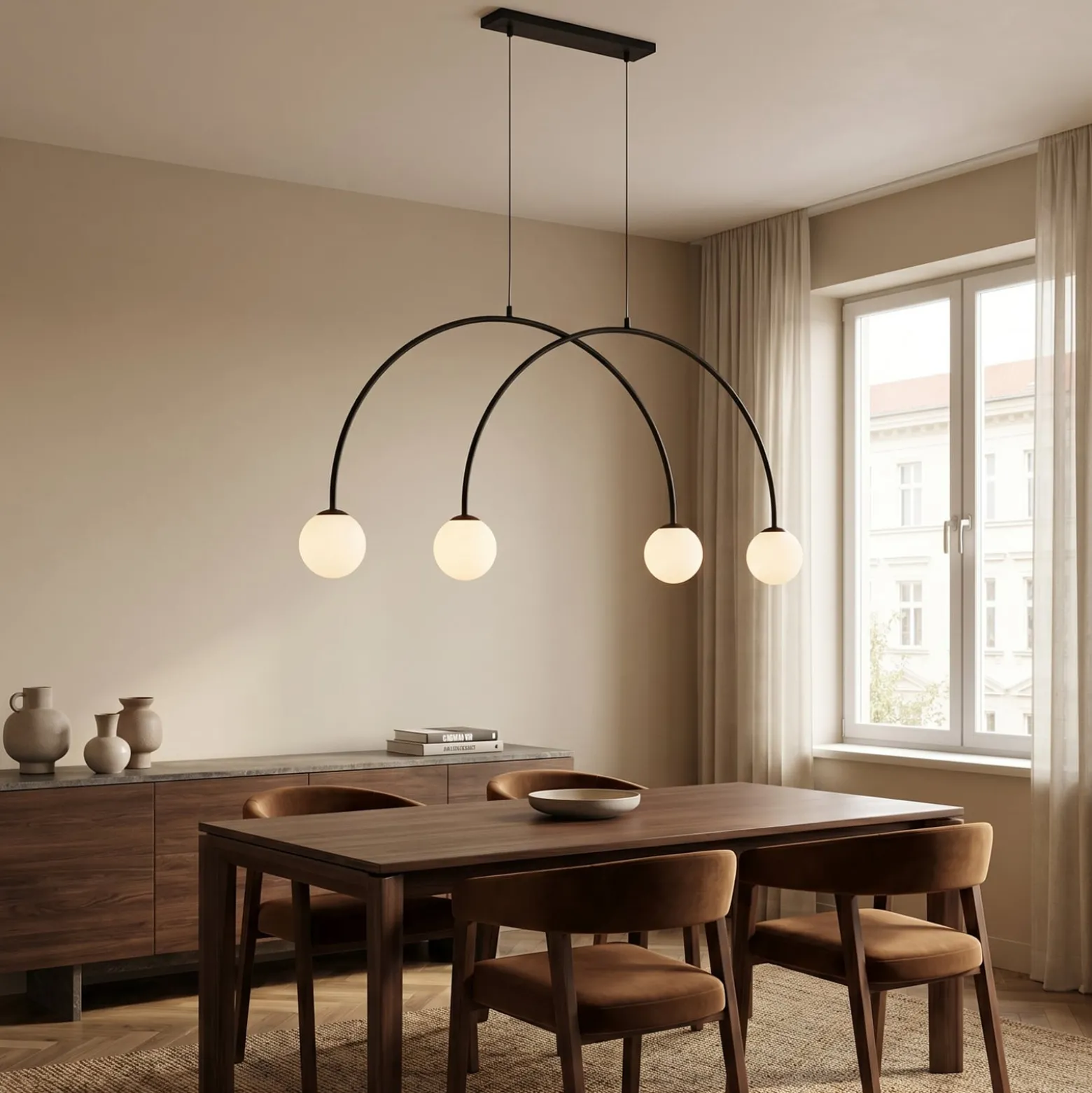 Hängelampe Alison, schwarz/weiß, 4fl, Bogen, 129cm