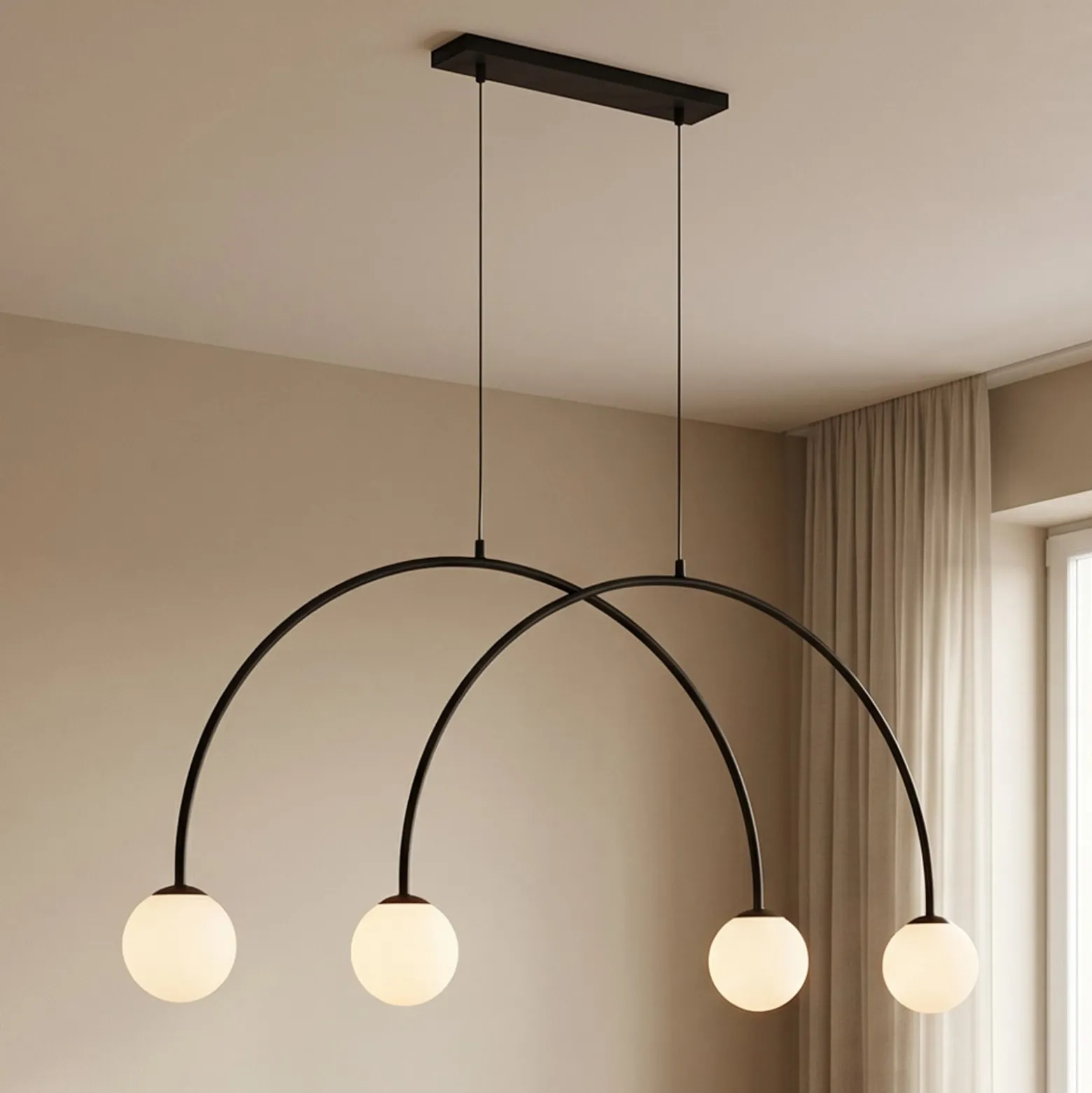 Hängelampe Alison, schwarz/weiß, 4fl, Bogen, 129cm