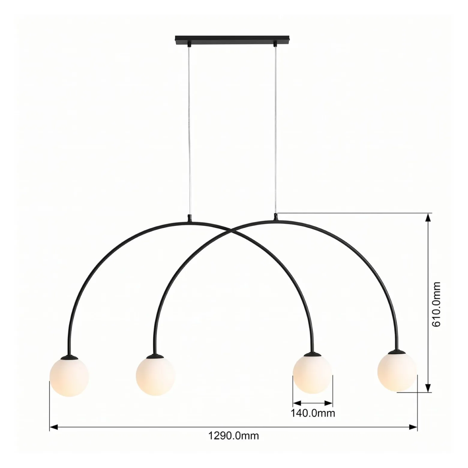 Hängelampe Alison, schwarz/weiß, 4fl, Bogen, 129cm