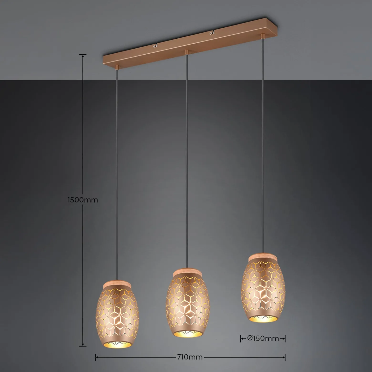 Hängelampe Bidar, Länge 71 cm, kaffeebraun, 3-flg., Metall