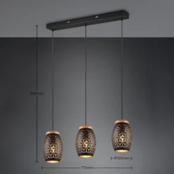 Hängelampe Bidar, Länge 71 cm, schwarz-gold, 3-flg., Metall