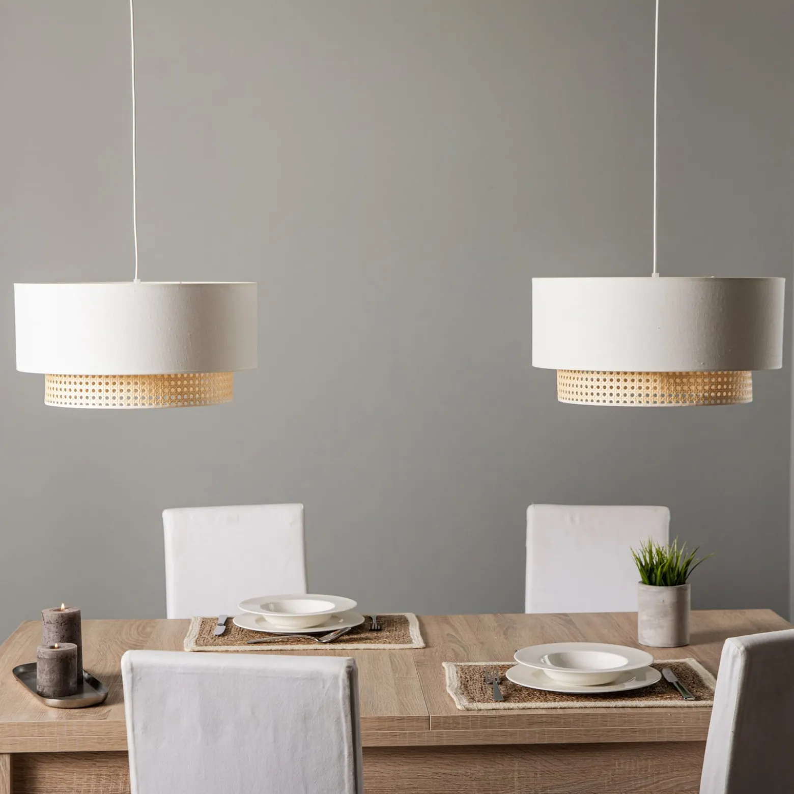Hängelampe Boho, ecru/holz, 2-flammig, Textil/Rattan