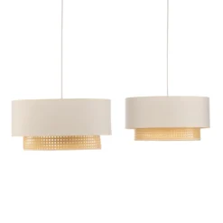 Hängelampe Boho, ecru/holz, 2-flammig, Textil/Rattan