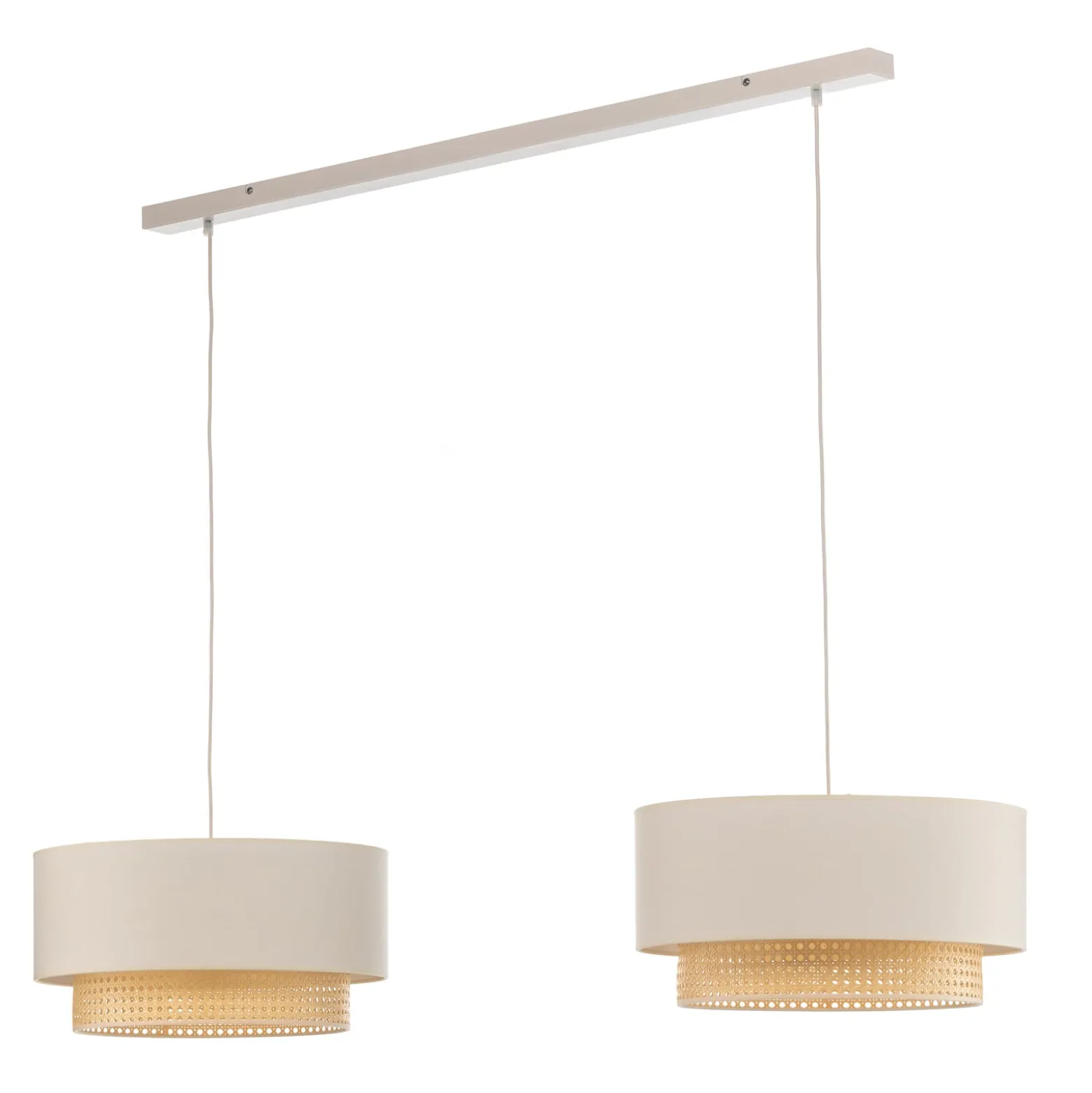 Hängelampe Boho, ecru/holz, 2-flammig, Textil/Rattan