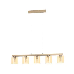 Hängelampe Castralvo, Länge 115 cm, holz/amber, 5-flg., Glas
