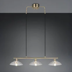 Hängelampe Eluna, klar/altmessing, 100 cm Glas/Metall 3-flg.