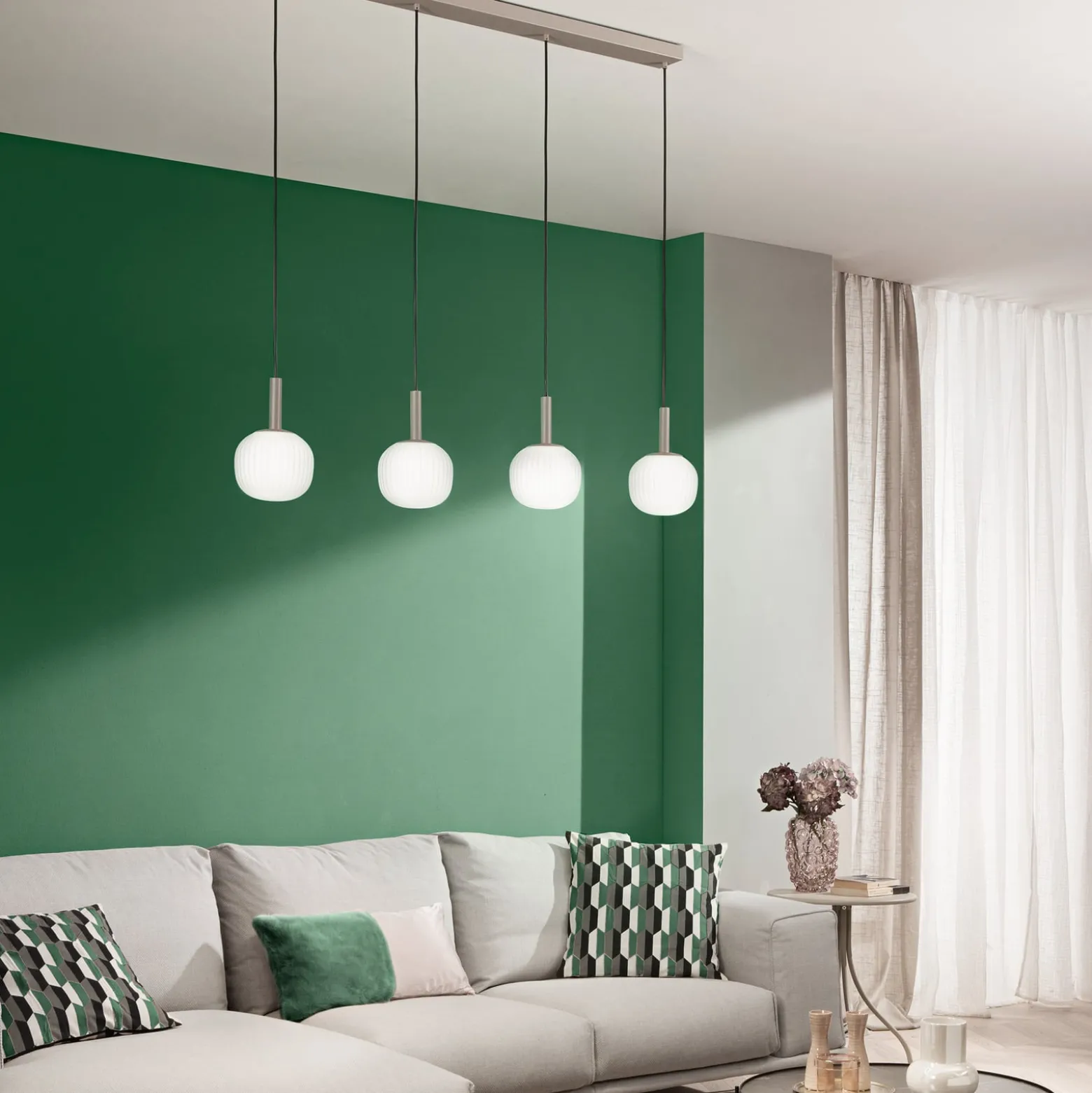 Hängelampe Eris, Länge 114 cm braun/weiß, Metall/Glas 4-flg.