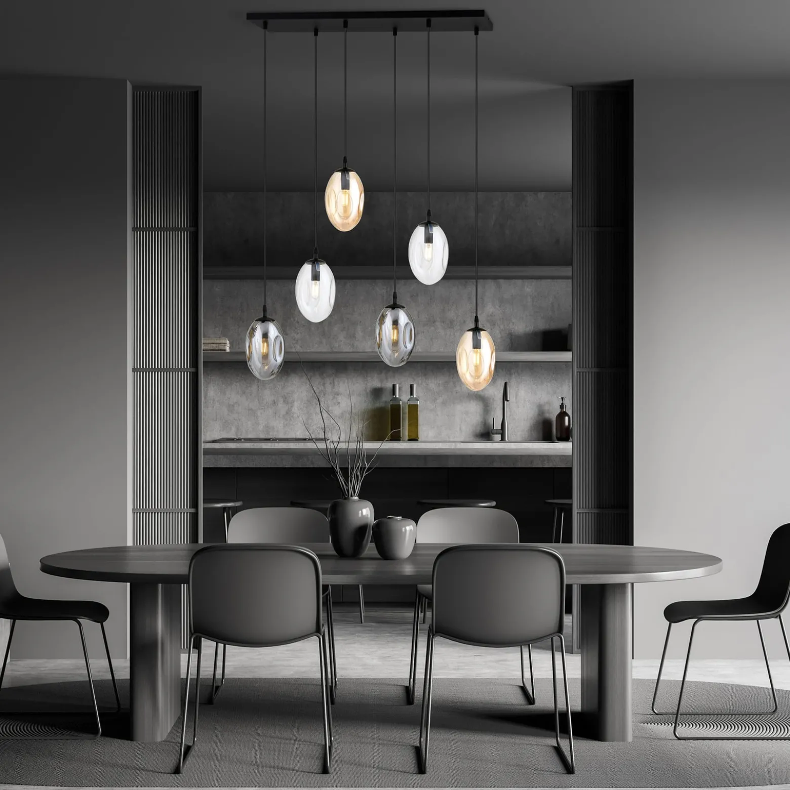 Hängelampe Glassy, 6-flg., Gläser gewölbt, bunt