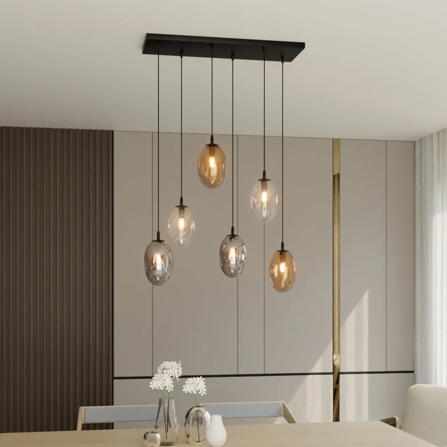 Hängelampe Glassy, 6-flg., Gläser gewölbt, bunt