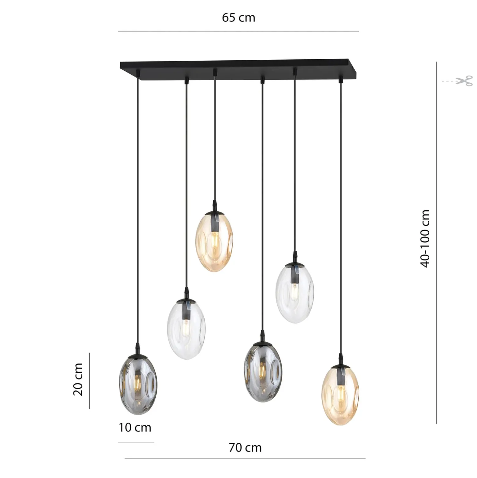 Hängelampe Glassy, 6-flg., Gläser gewölbt, bunt