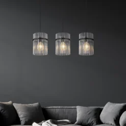 Hängelampe Gorley, rauch/schwarz, 3-flg., 80 cm, Glas, E27