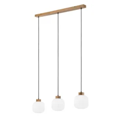 Hängelampe Harmony, Länge 110 cm, Opalglas Eichenholz 3-flg.