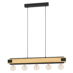 Hängelampe Layham, schwarz/holz hell, Länge 96 cm, 5-flg.