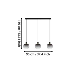 Hängelampe Oilella, schwarz-grau, Länge 95 cm, Glas, 3-flg.