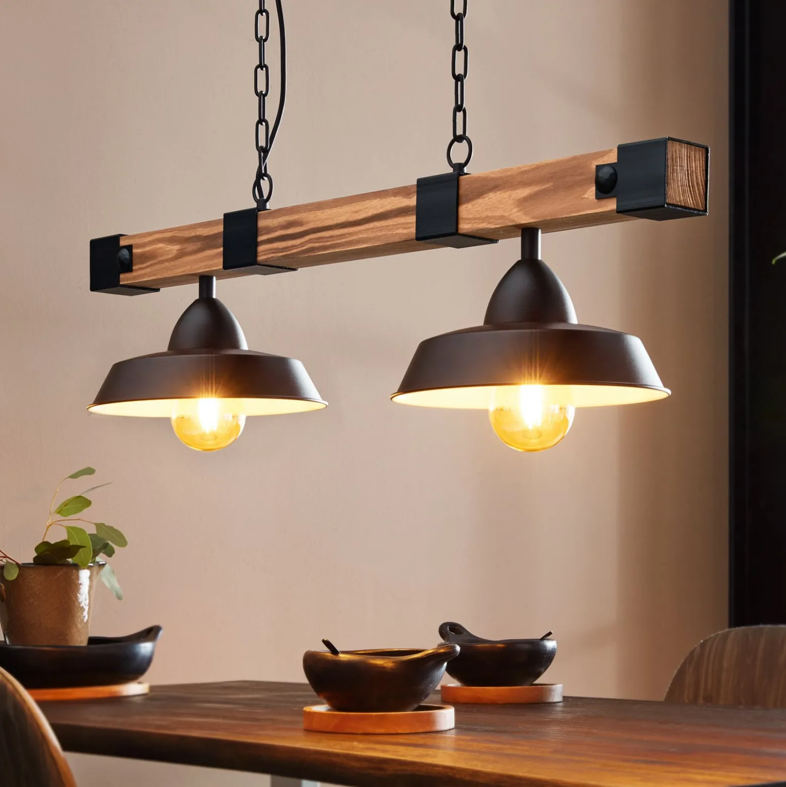 Hängelampe Oldbury, schwarz/holz dunkel, Länge 86 cm, 2-flg.