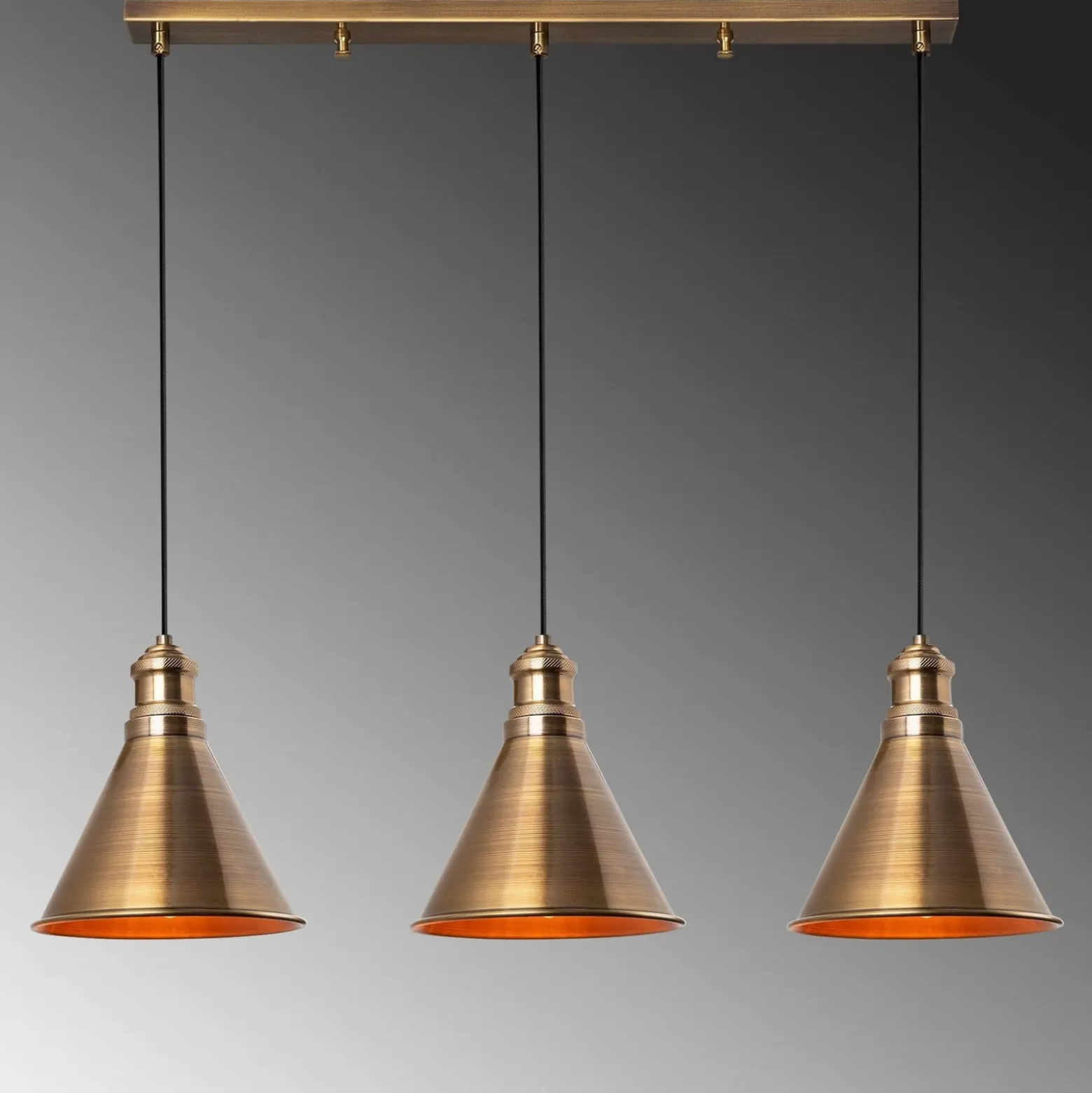 Hängelampe Sivani MR-314, gold antik, Eisen 3-flammig linear