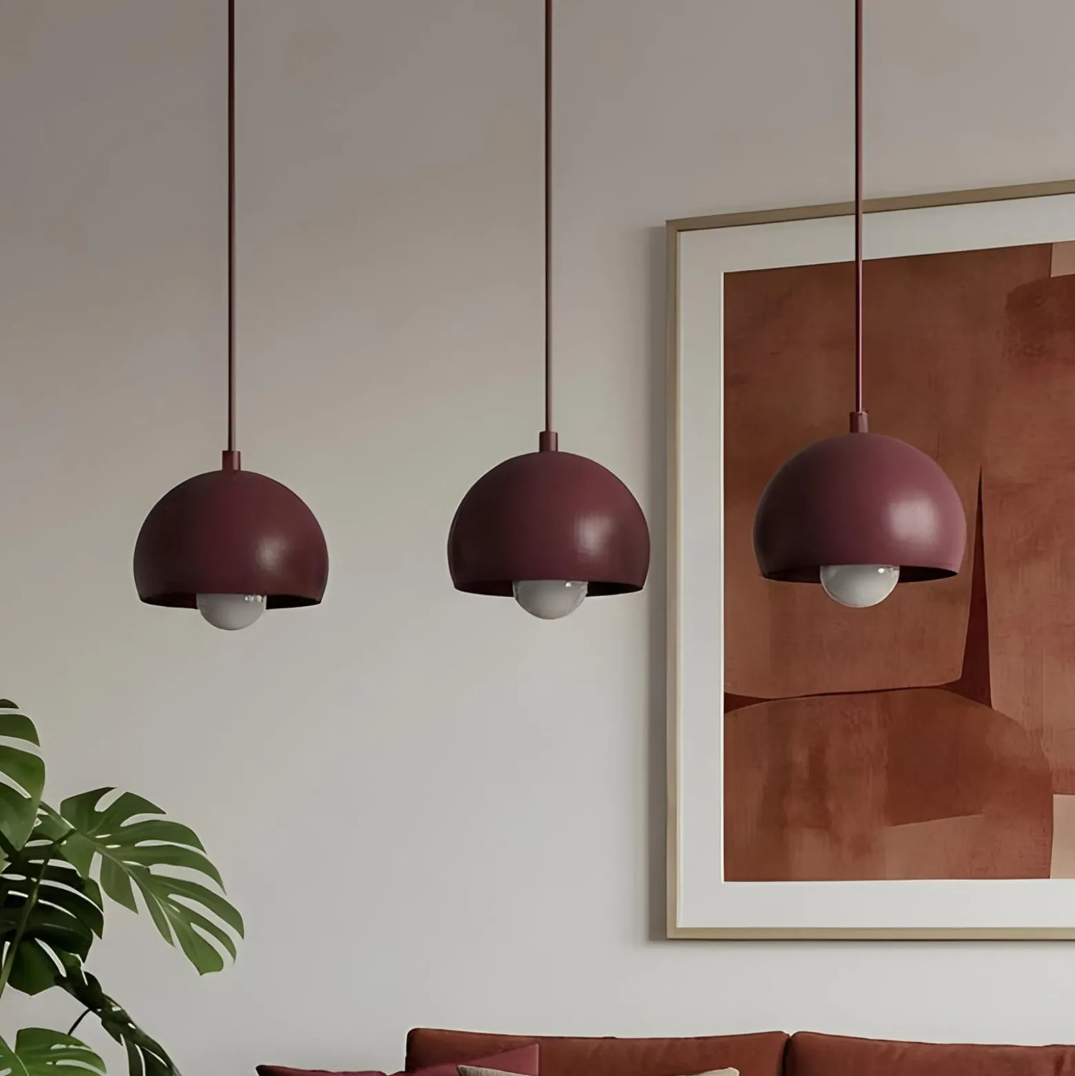 Hängelampe Sool, dunkelrot, Länge 65 cm, 3-flg., Metall, E27