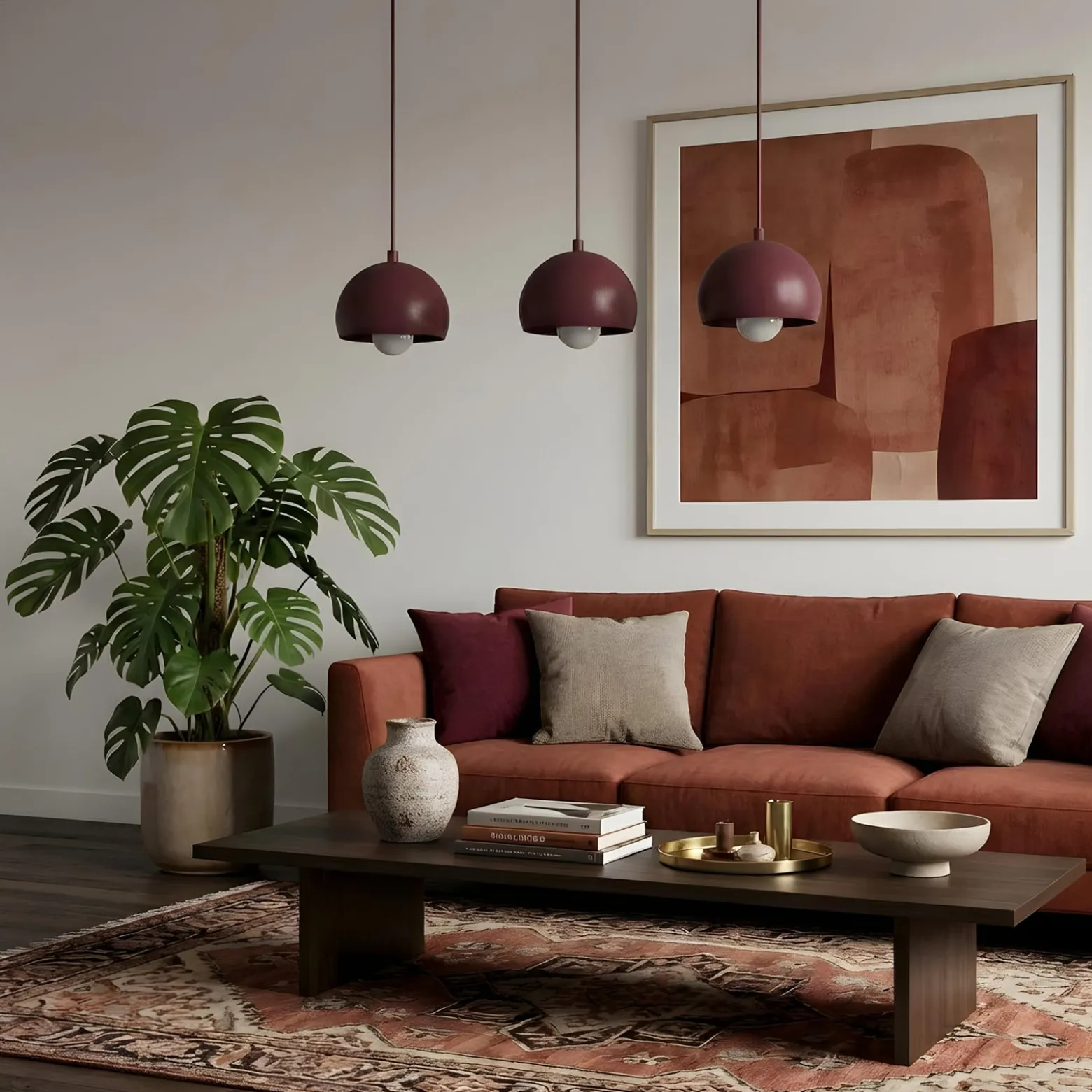 Hängelampe Sool, dunkelrot, Länge 65 cm, 3-flg., Metall, E27
