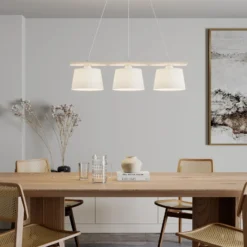 Hängelampe Sweden, altweiß/weiß, Textil, Holz, 3-flammig