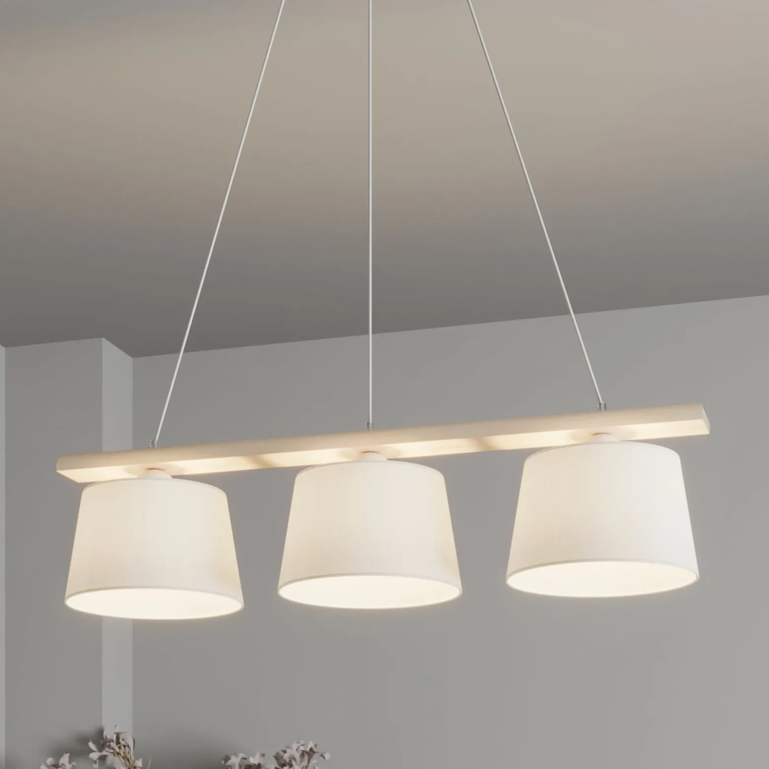 Hängelampe Sweden, altweiß/weiß, Textil, Holz, 3-flammig