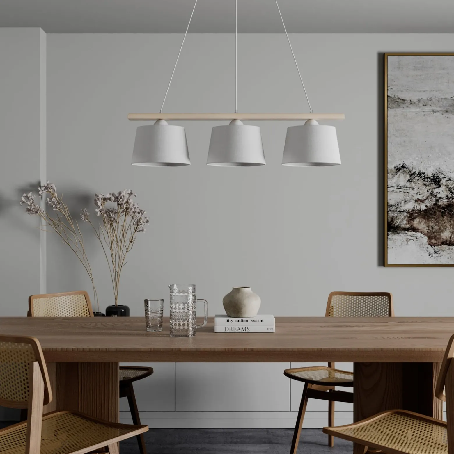 Hängelampe Sweden, altweiß/weiß, Textil, Holz, 3-flammig