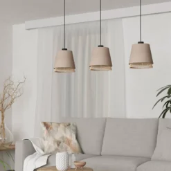 Hängelampe Tabley, schwarz/naturfarben, 89 cm, Stoff, 3-flg.