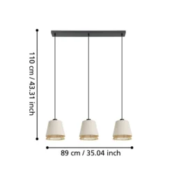 Hängelampe Tabley, schwarz/naturfarben, 89 cm, Stoff, 3-flg.