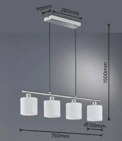 Hängelampe Tommy, nickel/weiß, Länge 75 cm, 4-flg., Stoff
