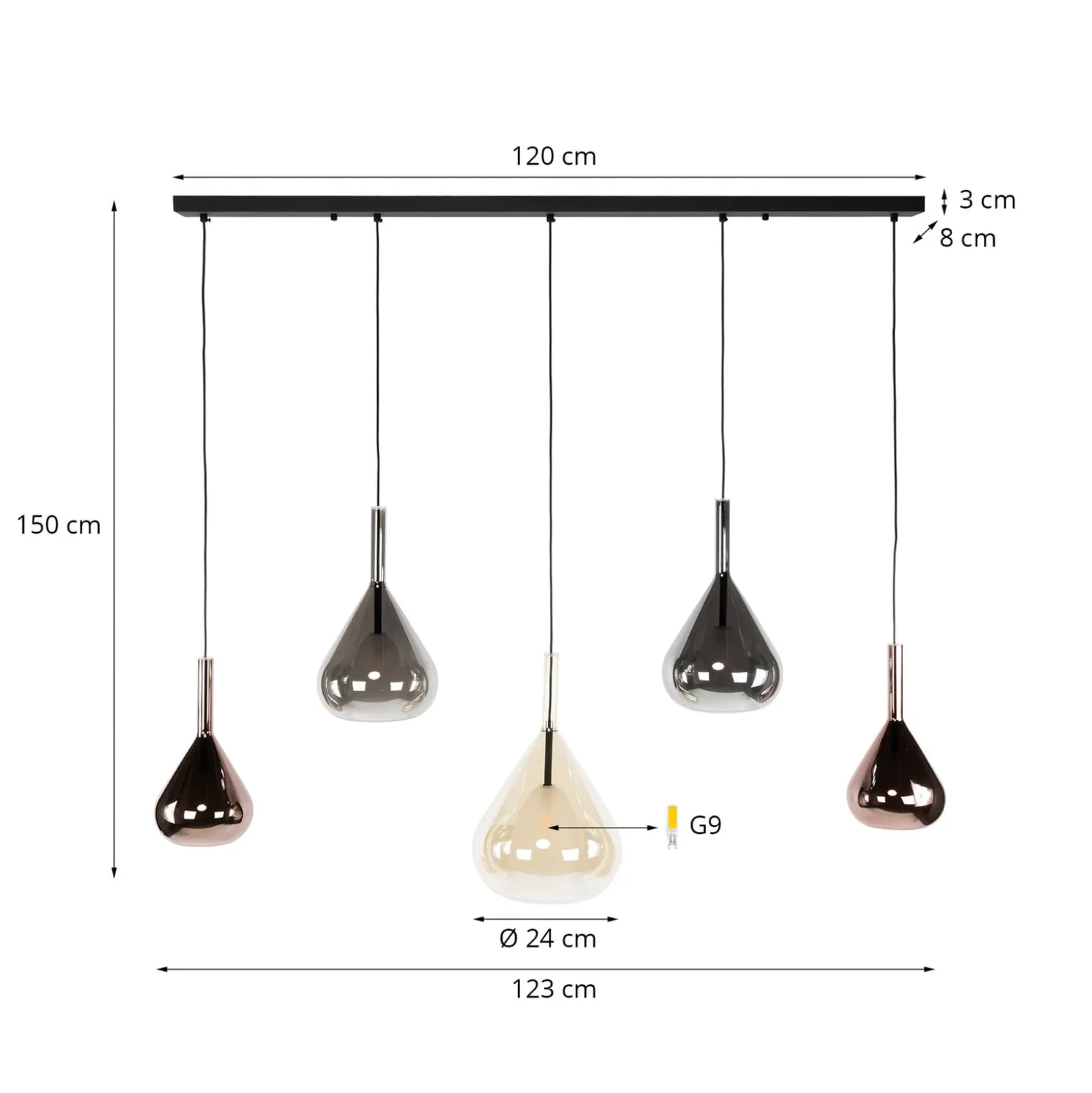Hängelampe Wings, schwarz/braun/kupfer, 5-flg., G9, Glas