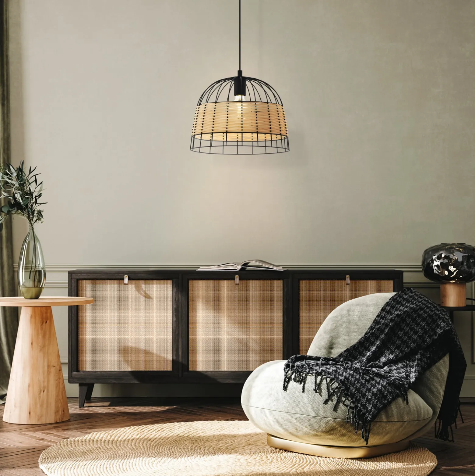 Hängeleuchte Anwick aus Stahl/Rattan, Ø 37 cm