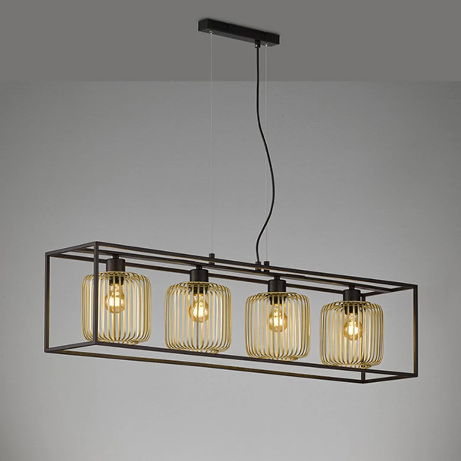 Hängeleuchte Caydo, schwarz matt/gold, Länge 110 cm, 4-flg.
