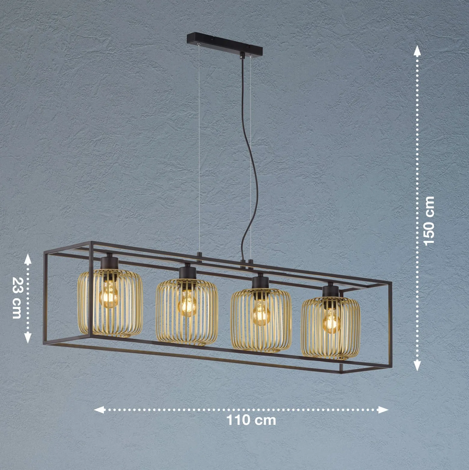 Hängeleuchte Caydo, schwarz matt/gold, Länge 110 cm, 4-flg.